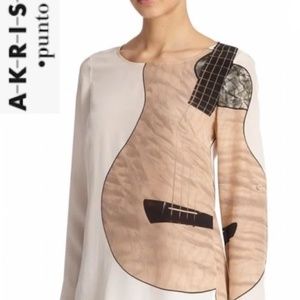 EUC Akris Punto Guitar Print Silk Blouse Size Large